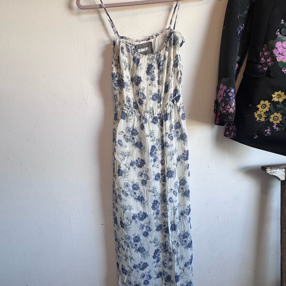 NWOT $258 Reformation Blue Floral Slightly Sheer Maxi Slip Dress, Size XS